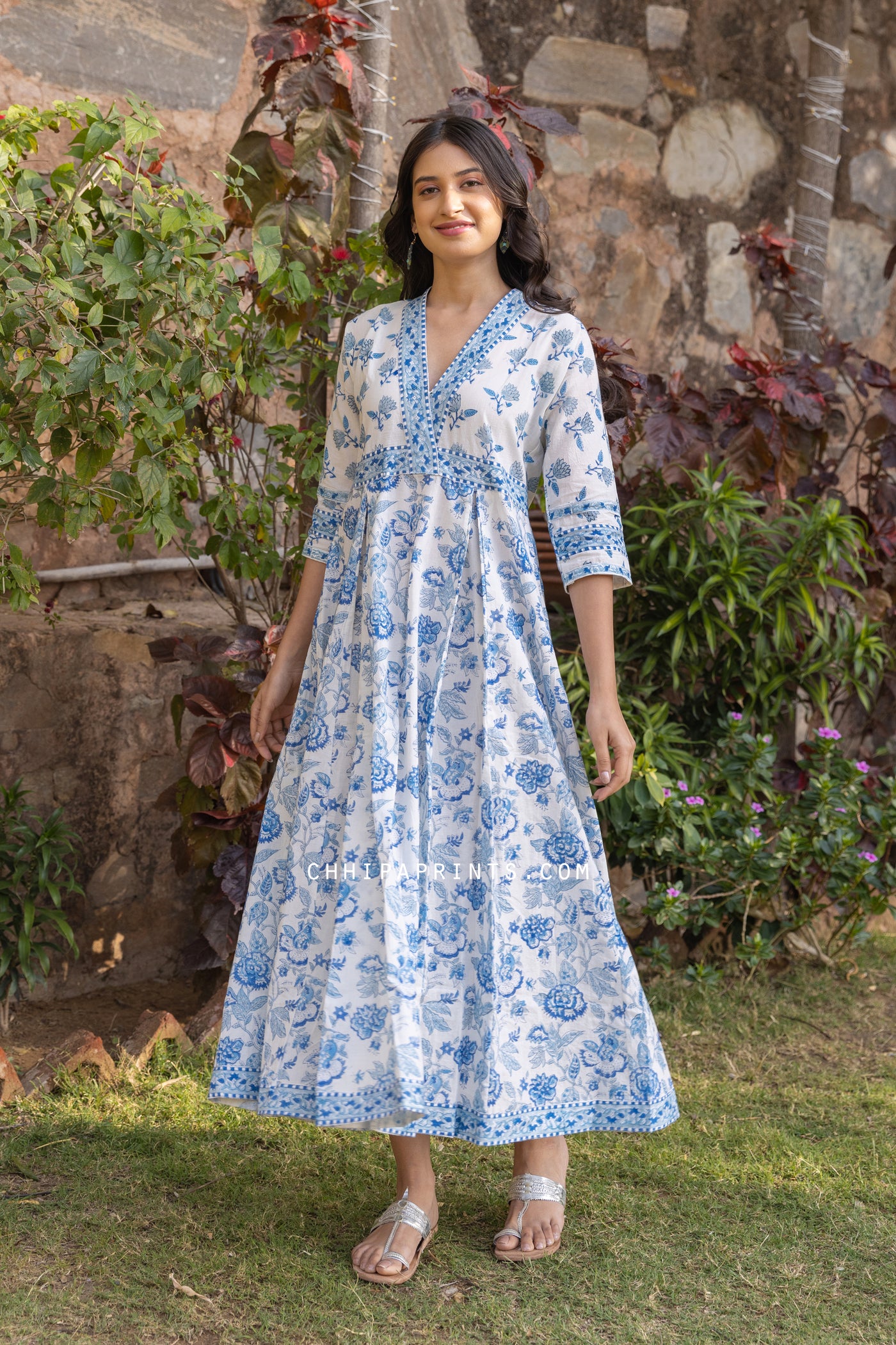 Cotton Block Printed Ankle Length Dress in Baby Blue