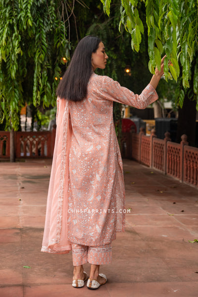 Cotton V Neck Palm Jaal Suit Set in Tropical Peach