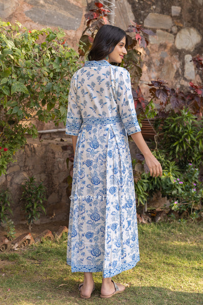 Cotton Block Printed Ankle Length Dress in Baby Blue