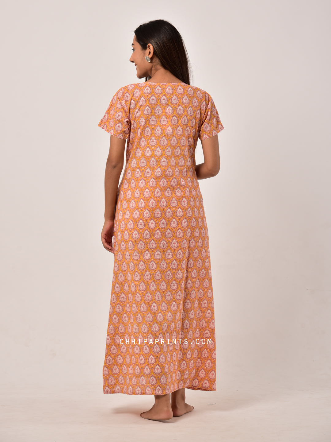 Cotton Paan Buti Night Gown in Yellow