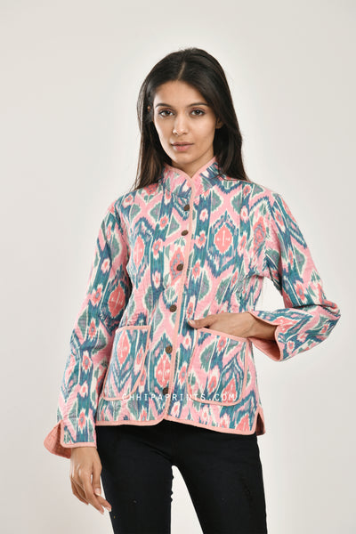 Cotton Quilted Jacket in Pink Ikat