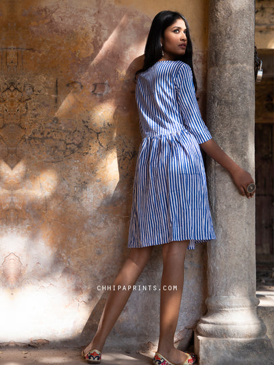 Cotton Raitea Short Dress in Blue Stripe