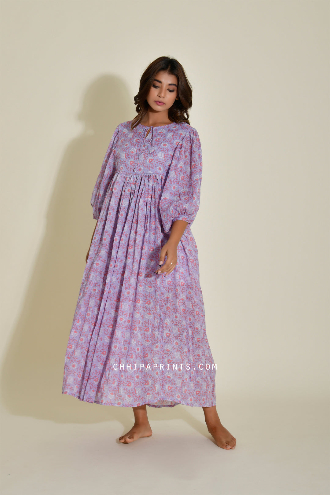 Cotton Jaal Print Boho Long Dress in Pastel Lavender