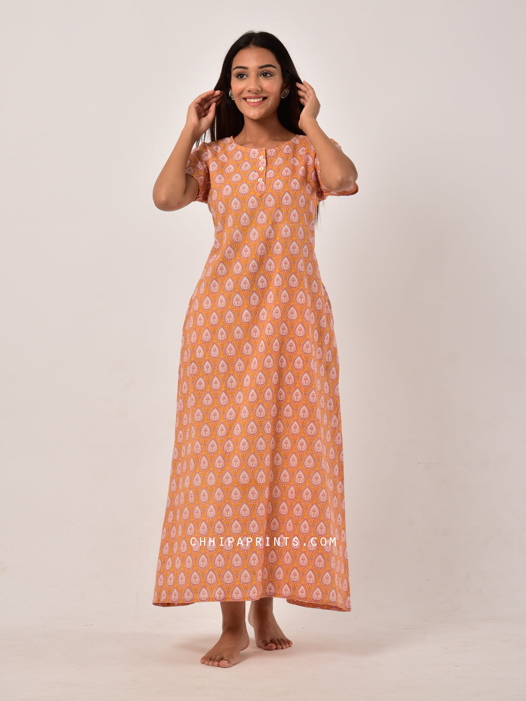 Cotton Paan Buti Night Gown in Yellow