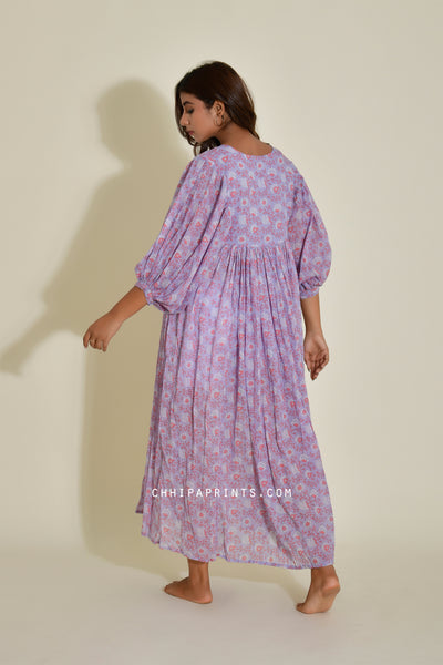 Cotton Jaal Print Boho Long Dress in Pastel Lavender