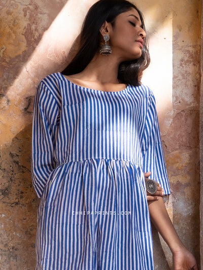 Cotton Raitea Short Dress in Blue Stripe