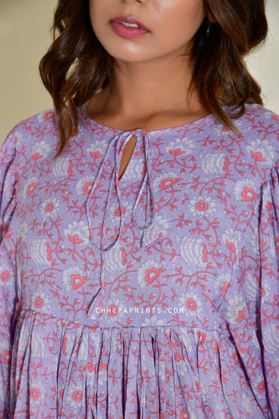 Cotton Jaal Print Boho Long Dress in Pastel Lavender
