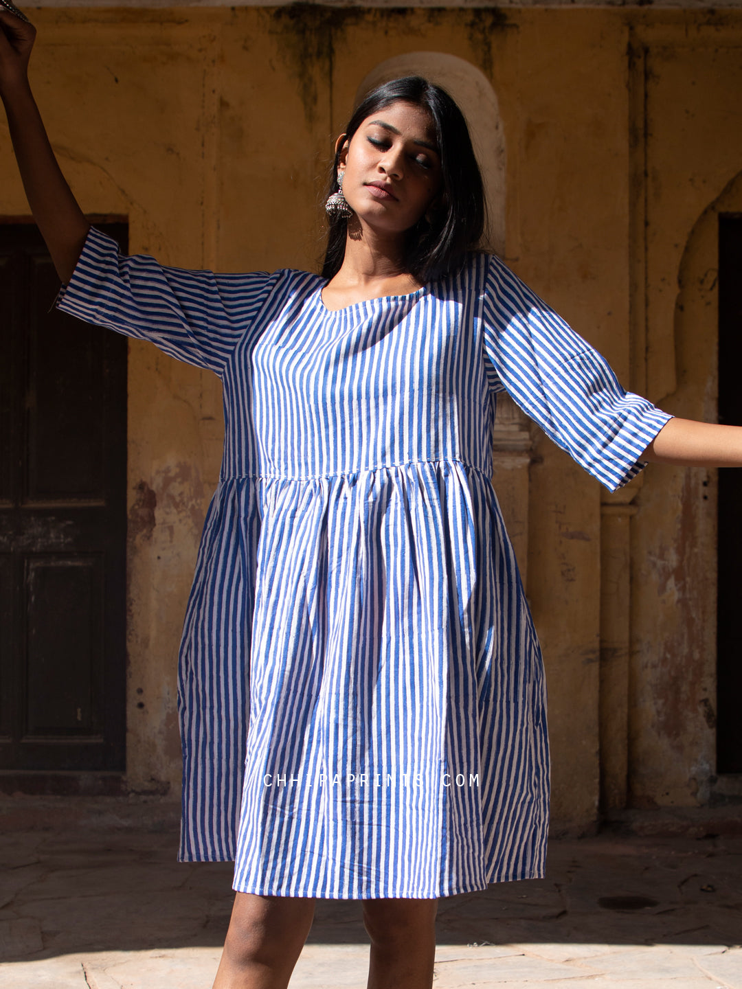 Cotton Raitea Short Dress in Blue Stripe