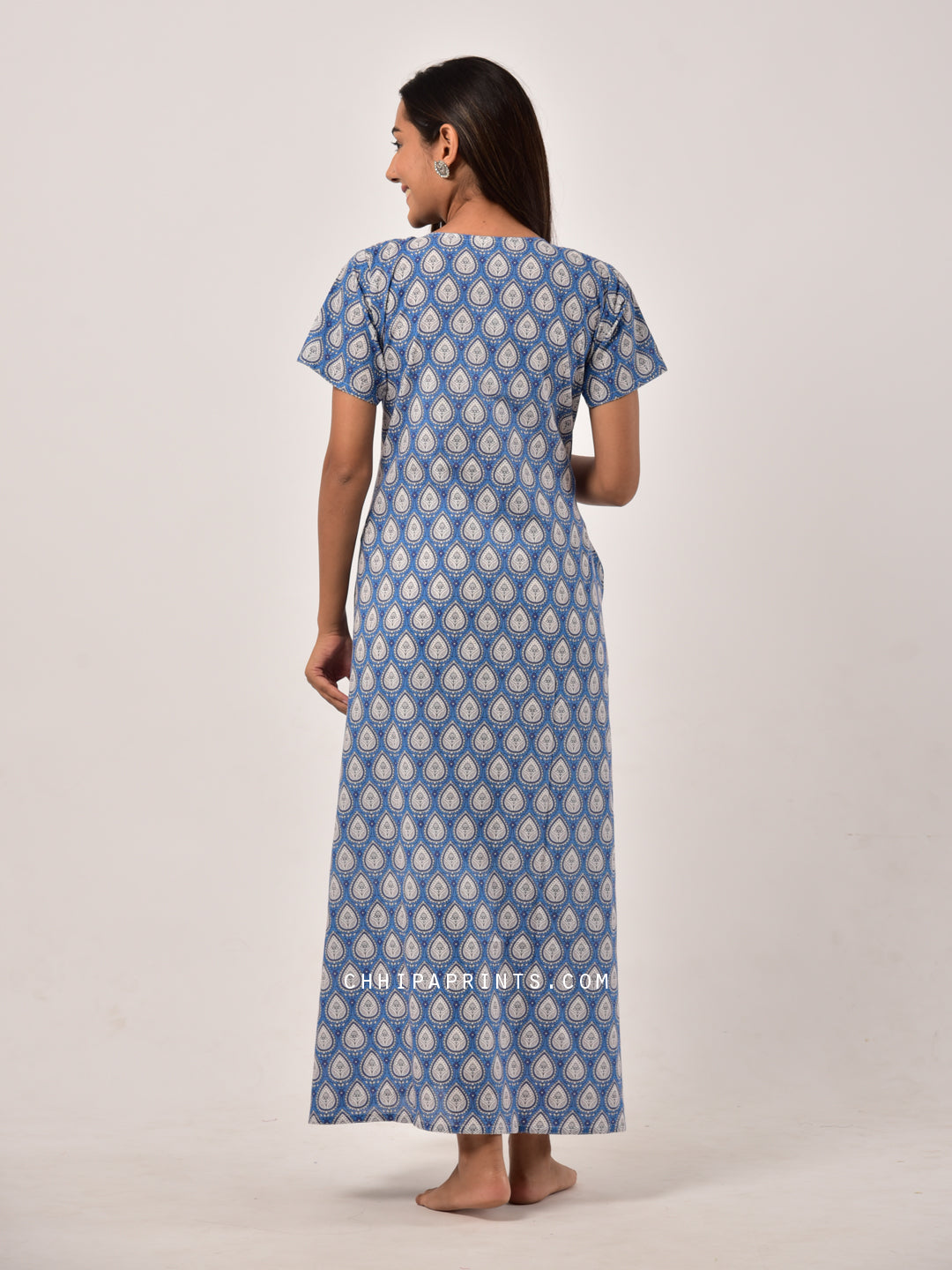 Cotton Paan Buti Night Gown in Blue
