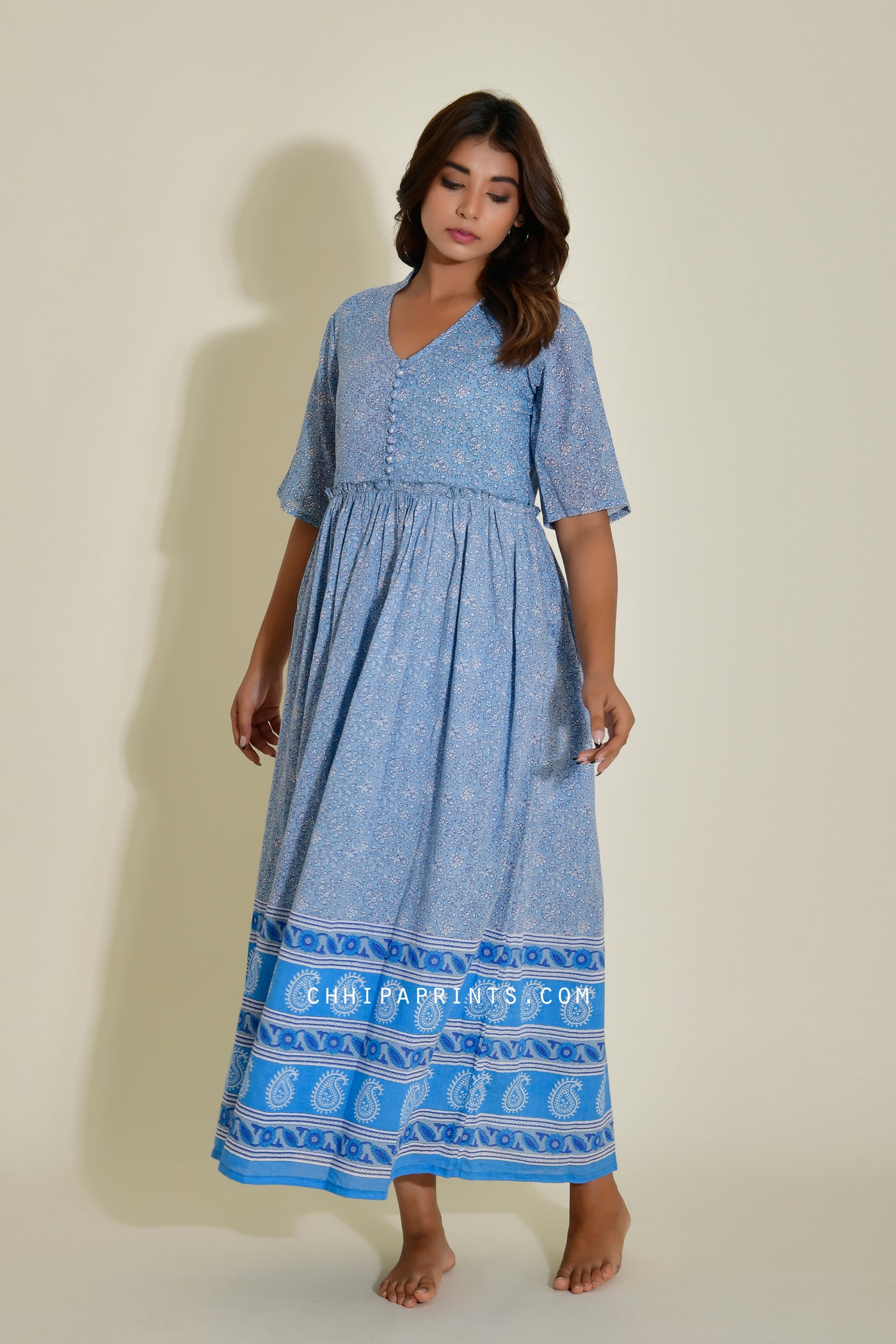 Cotton Jaal Print Panel Dress in Soft Chambray