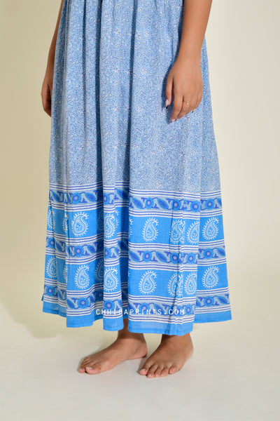 Cotton Jaal Print Panel Dress in Soft Chambray