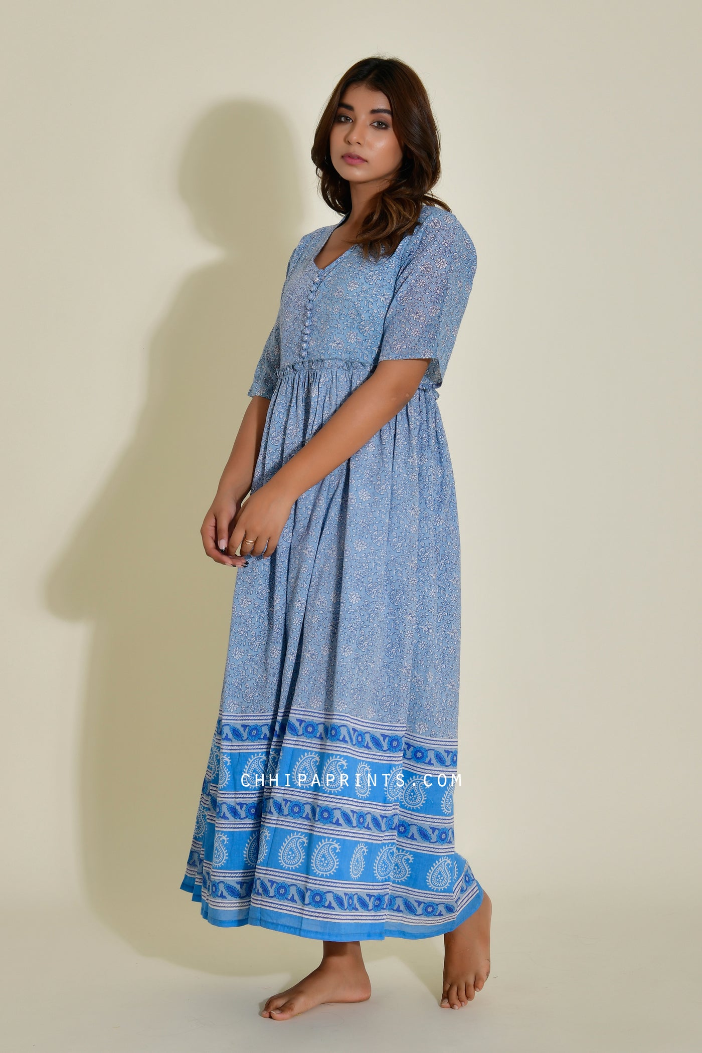 Cotton Jaal Print Panel Dress in Soft Chambray