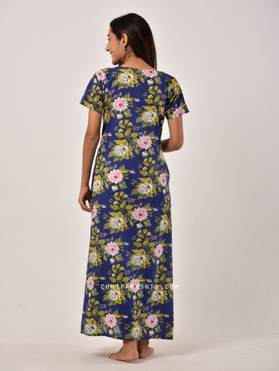 Cotton Big Floral Night Gown in Midnight Blue