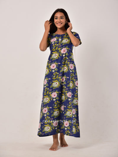 Cotton Big Floral Night Gown in Midnight Blue