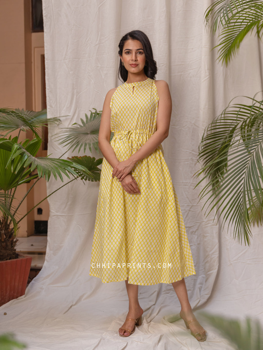 Cotton Buti Print Halter Dress in Yellow