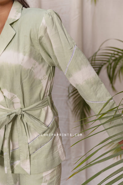 Cotton Jalebi Tie Dye Blazer Co Ord Set in Celadon Green