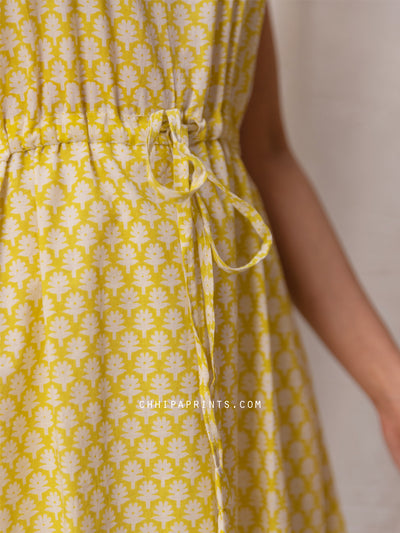 Cotton Buti Print Halter Dress in Yellow