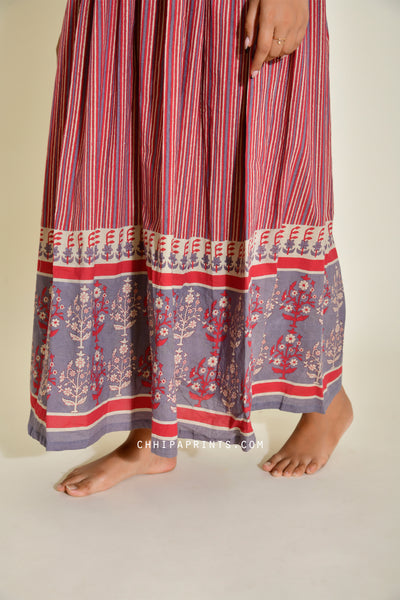 Cotton Stripe Print Panel Dress in Bagru Red