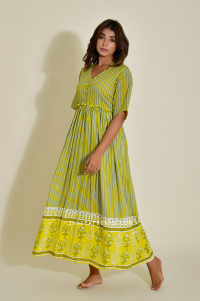 Cotton Stripe Print Panel Dress in Lemon Green