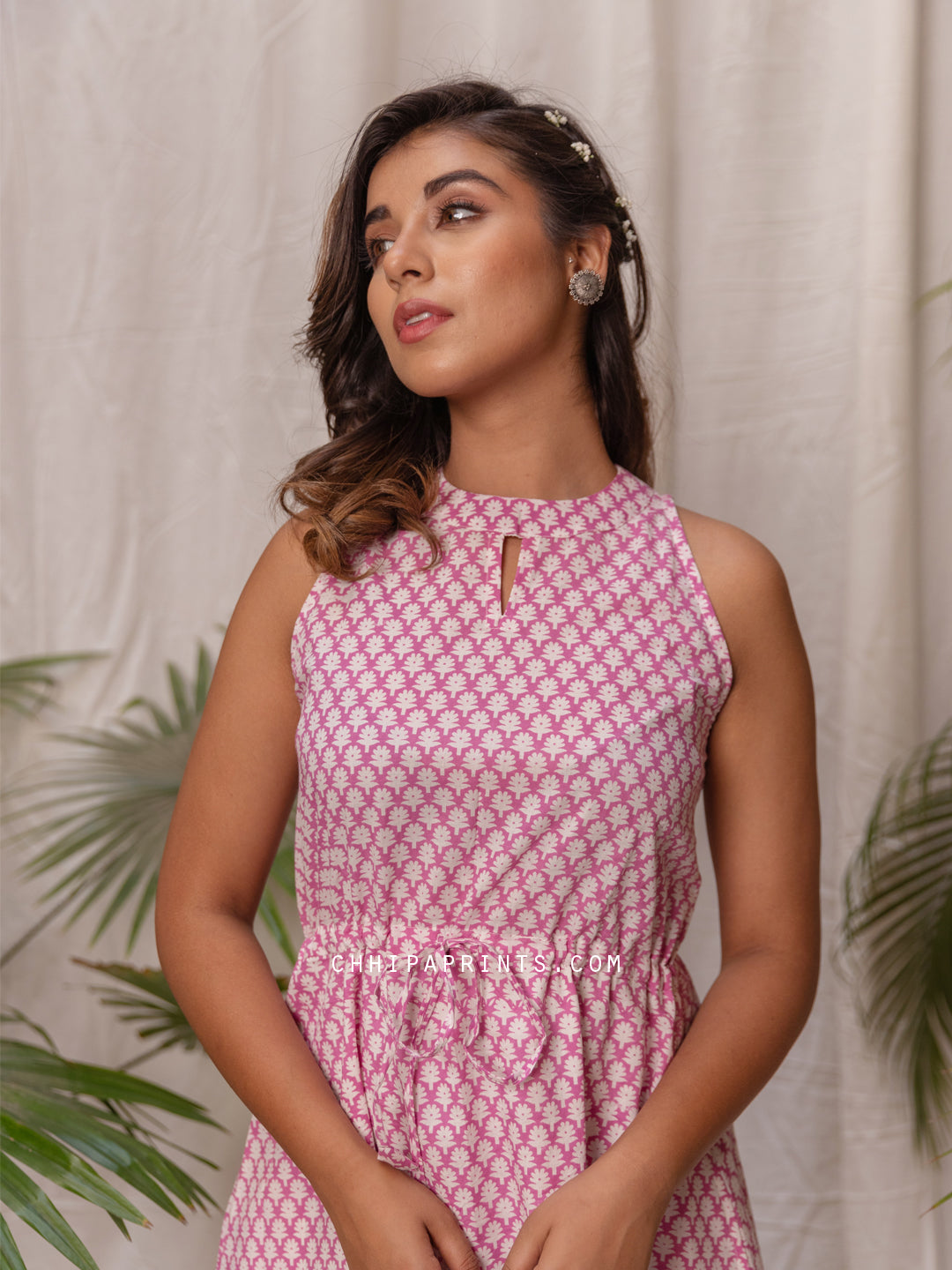 Cotton Buti Print Halter Dress in Radiant Orchid