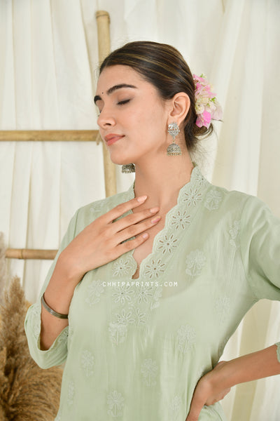 Cotton V Neck Cutwork Embroidery Suit Set in Oil Green