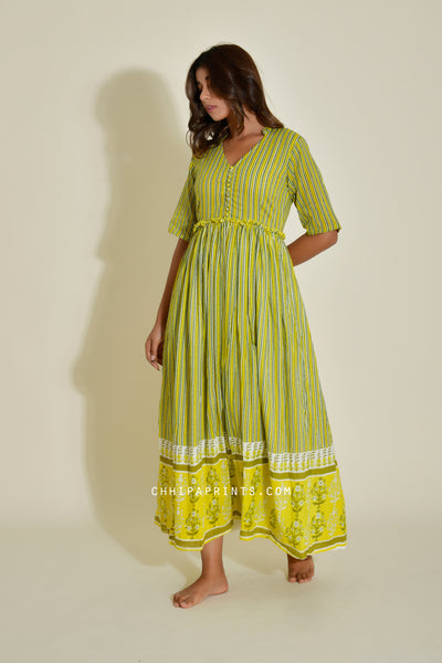Cotton Stripe Print Panel Dress in Lemon Green