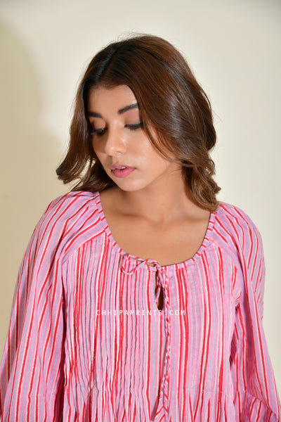 Cotton Shell tuck Midi Dress in Pink Stripe Print