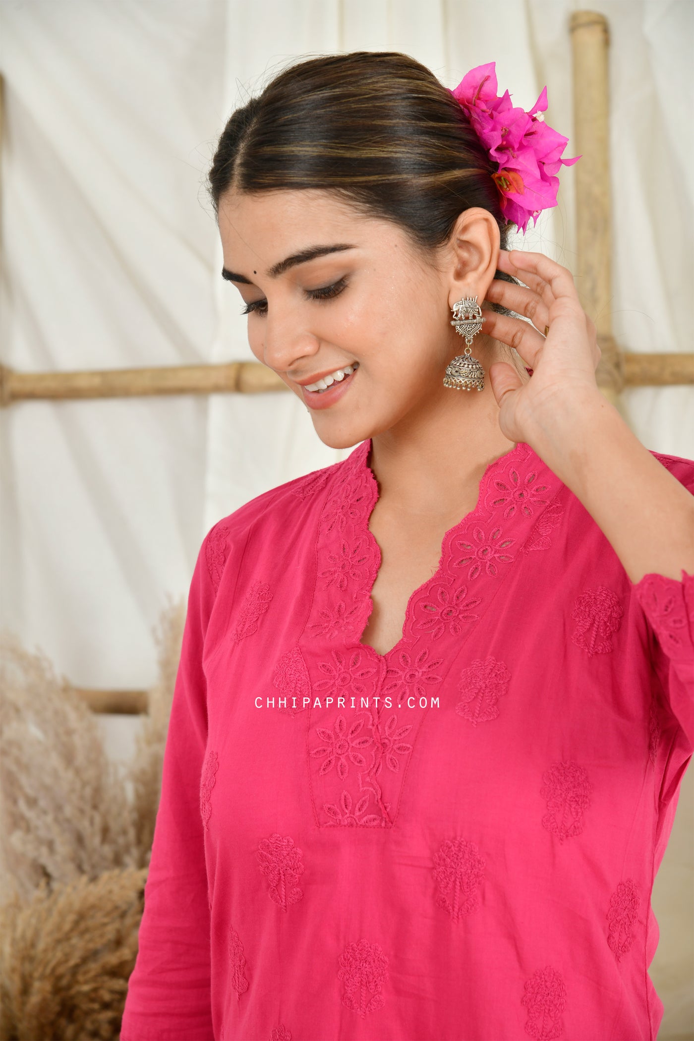 Cotton V Neck Cutwork Embroidery Suit Set in Sangaria