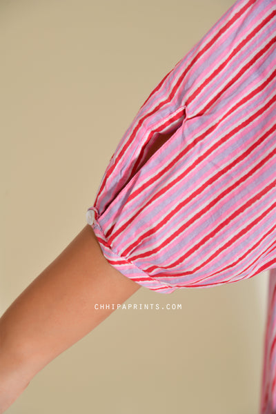 Cotton Shell tuck Midi Dress in Pink Stripe Print