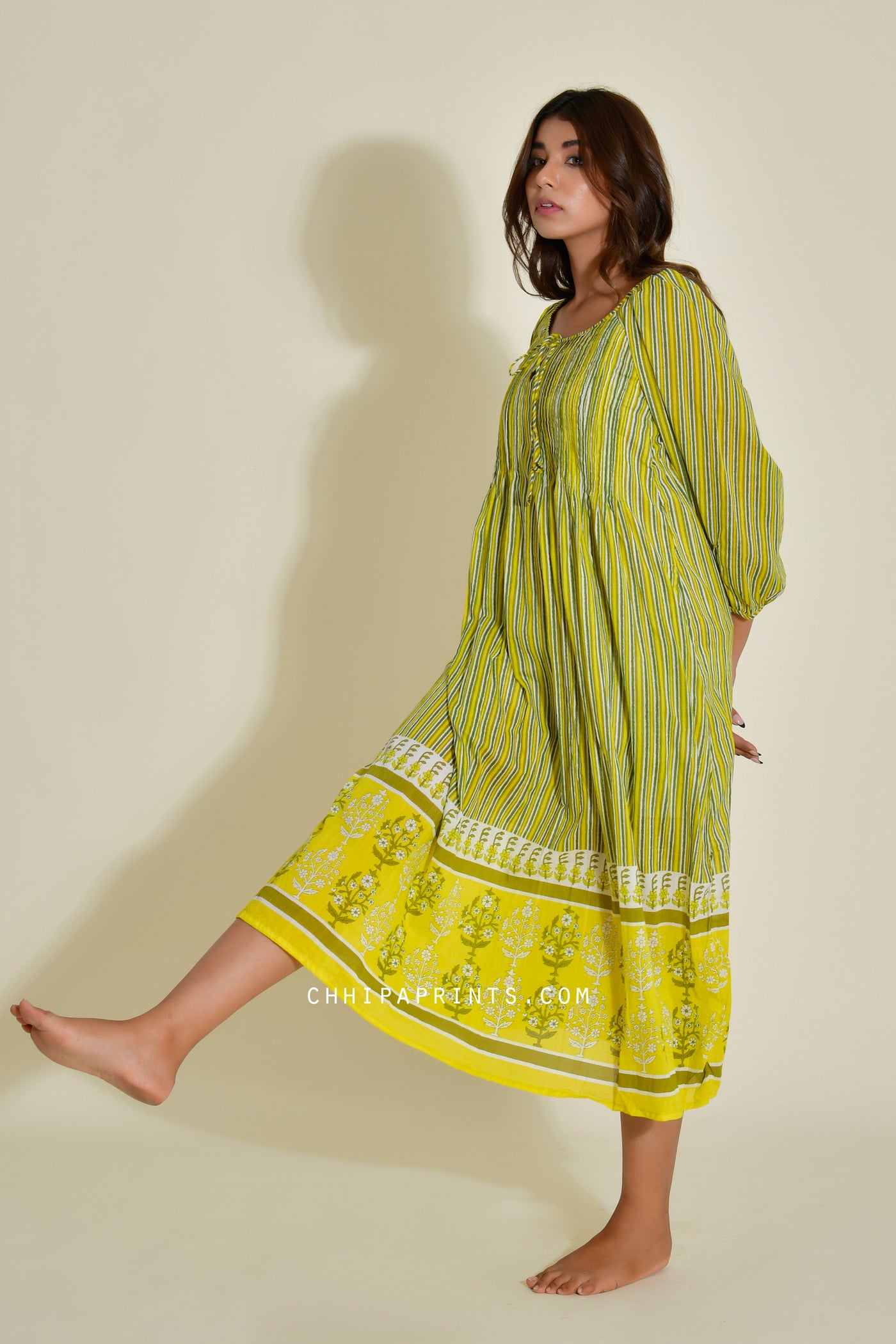 Cotton Shell tuck Midi Dress in Lemon Green Stripe Print