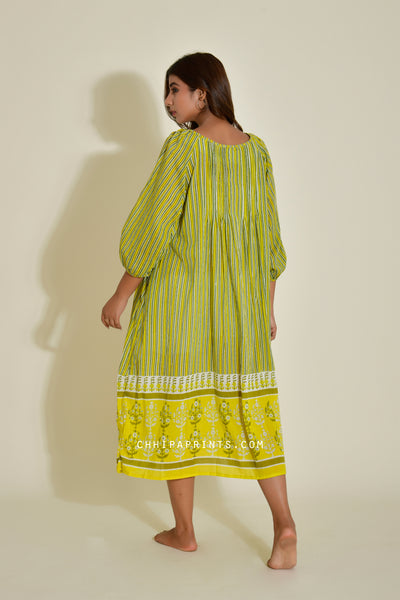 Cotton Shell tuck Midi Dress in Lemon Green Stripe Print