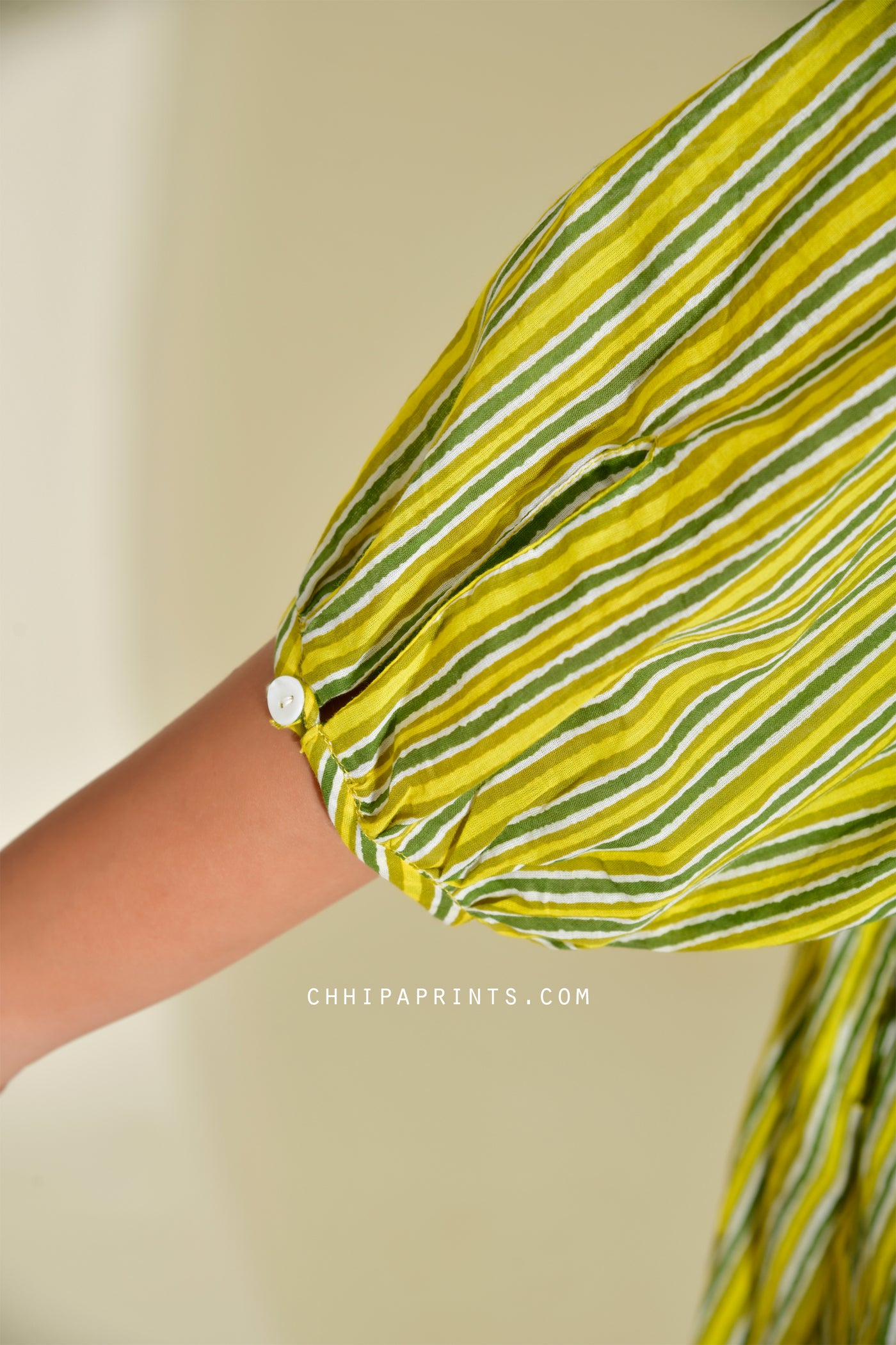 Cotton Shell tuck Midi Dress in Lemon Green Stripe Print