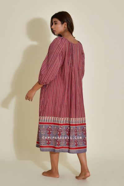 Cotton Shell tuck Midi Dress in Bagru Red Stripe Print