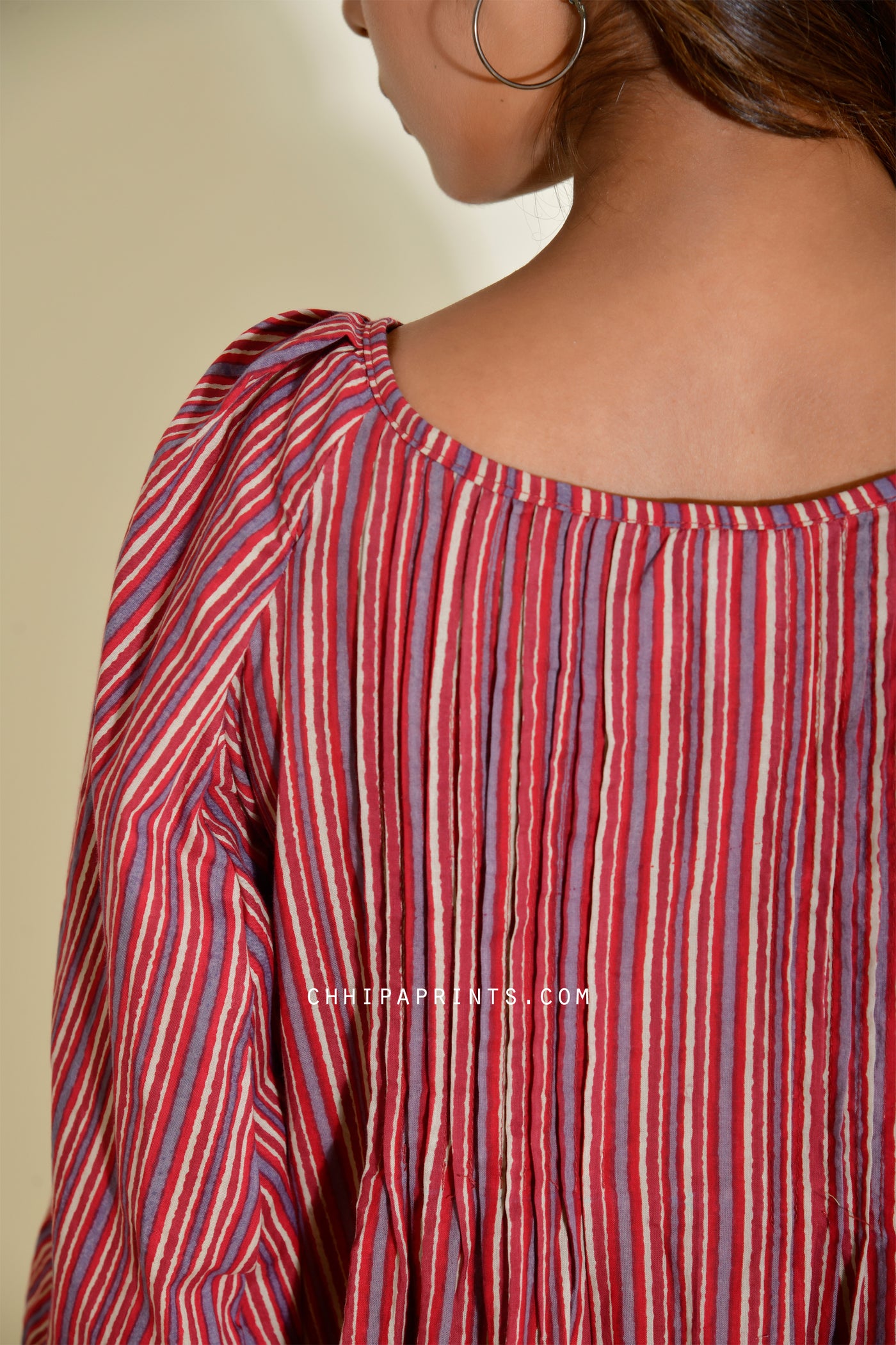 Cotton Shell tuck Midi Dress in Bagru Red Stripe Print