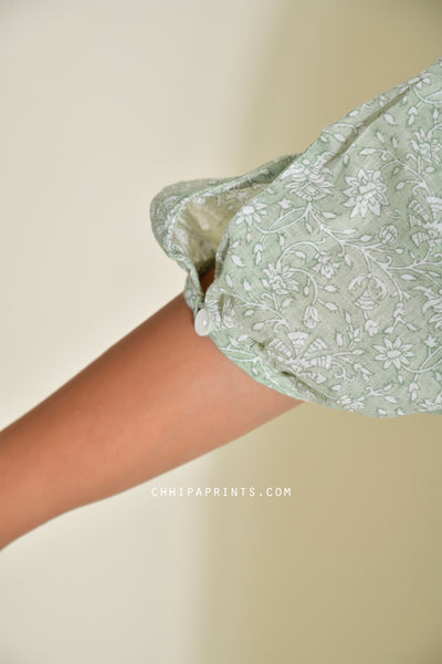 Cotton Shell tuck Midi Dress in Sage Green Jaal Print