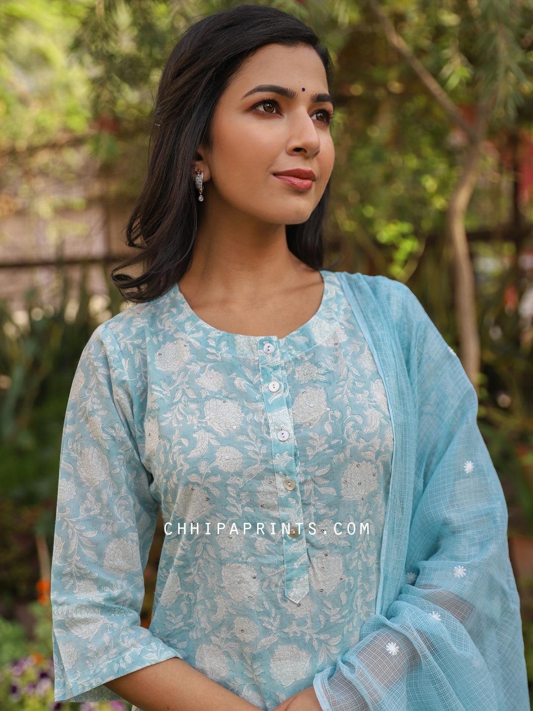 Cotton Jaal Print Suit Set in Aqua Blue