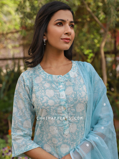 Cotton Jaal Print Suit Set in Aqua Blue