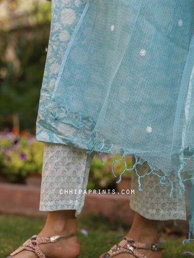 Cotton Jaal Print Suit Set in Aqua Blue